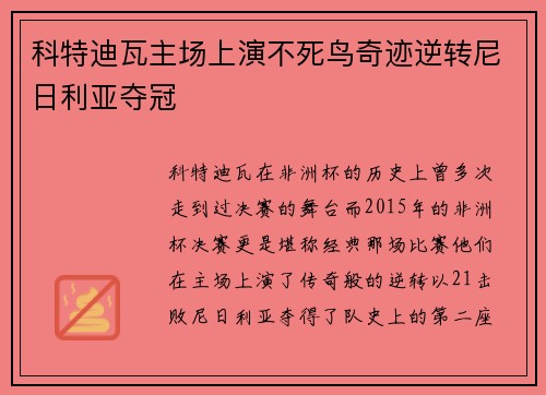 科特迪瓦主场上演不死鸟奇迹逆转尼日利亚夺冠